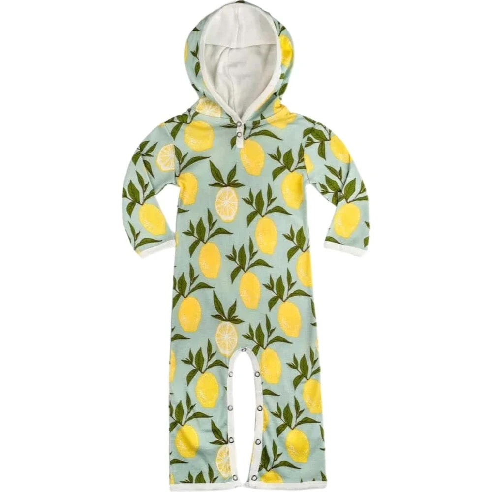MilkBarn Lemon 3 6 Mos Organic Cotton Longall Outfit‎ Hooded Blue Green Jumpsuit